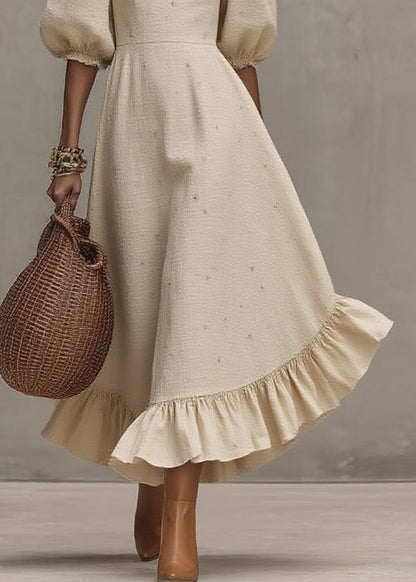 Loose Beige Square Collar Print Long Dress Short Sleeve