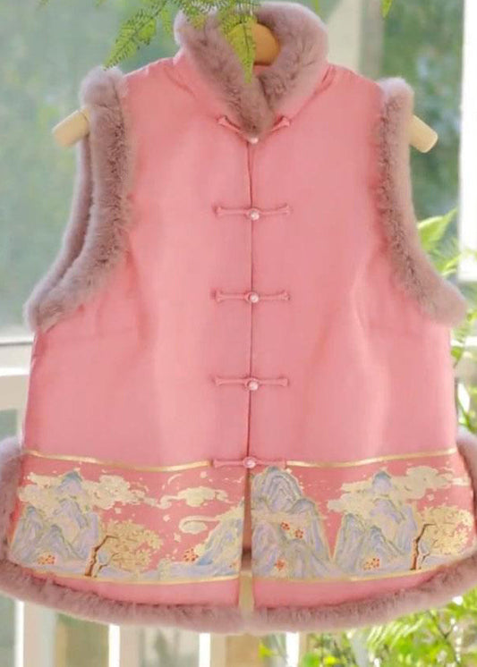 Pink Stand Collar Button Teddy Patchwork Cotton Filled Vest Sleeveless