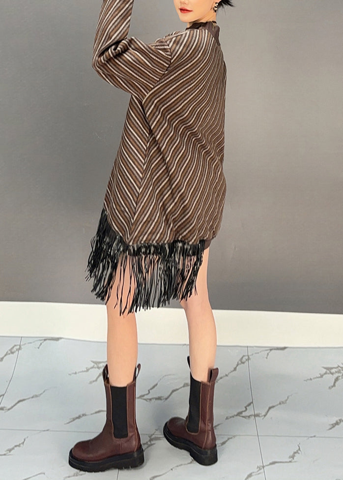 Brown O-neck Asymmetrical Tassel Wool Knit Long Sweater Dress Winter