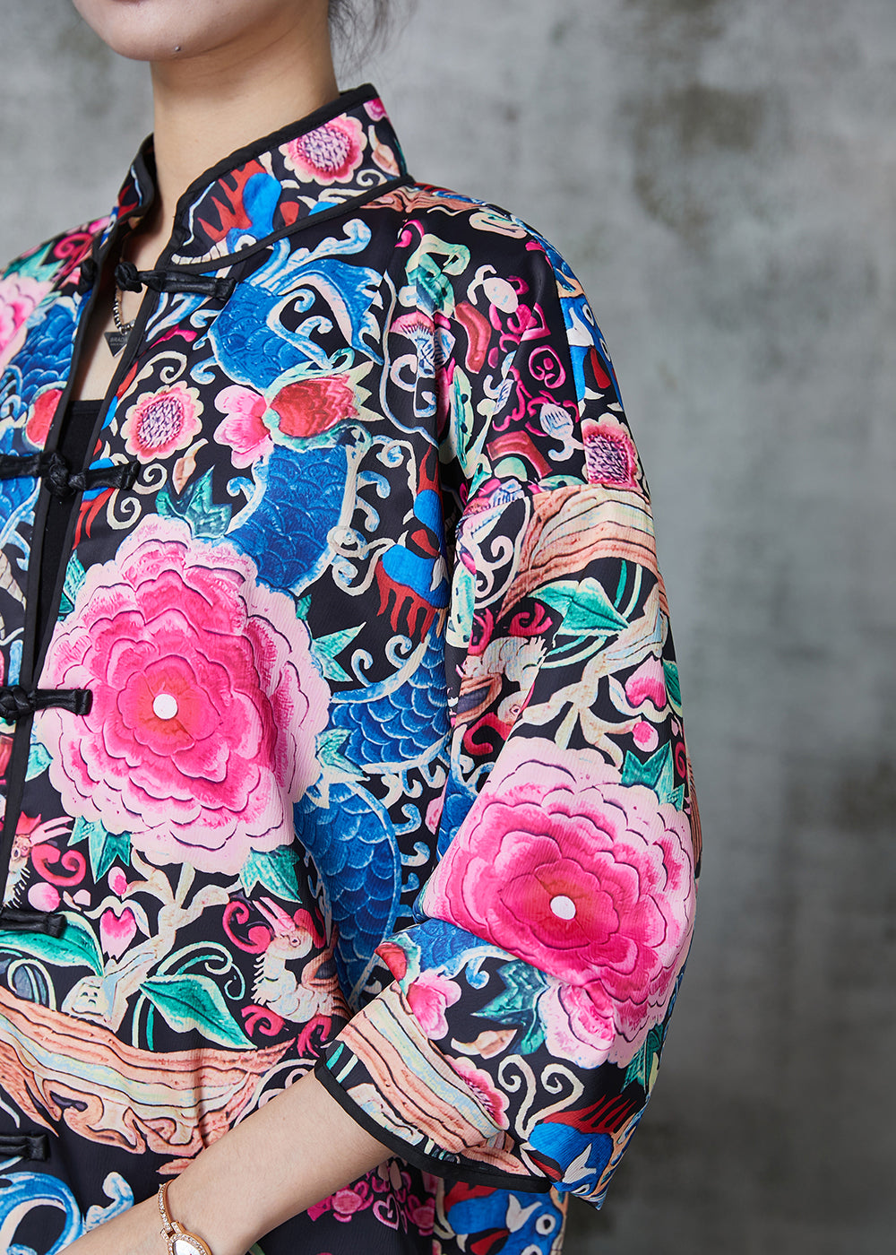 Black Embroidered Silk Chinese Style Coats Spring