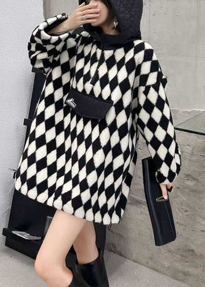 Comfy Plaid Teddy Hooded Patchwork Fall Sweatshirt Street Wear