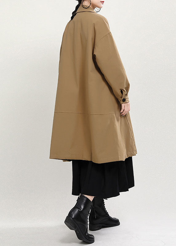Khaki Peterpan Collar Button Pockets Patchwork Fall Thick Coats Long Sleeve
