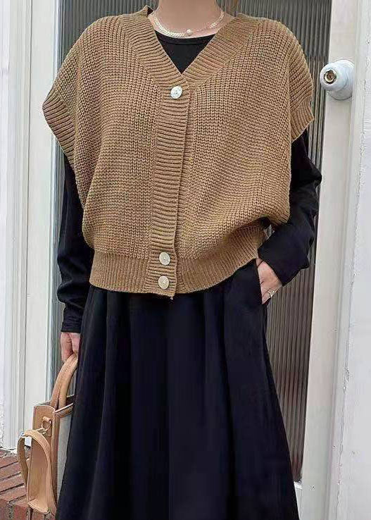 Classy Khaki Knit Vest and O-neck Long Dresses Cotton Two Piece Set Spring