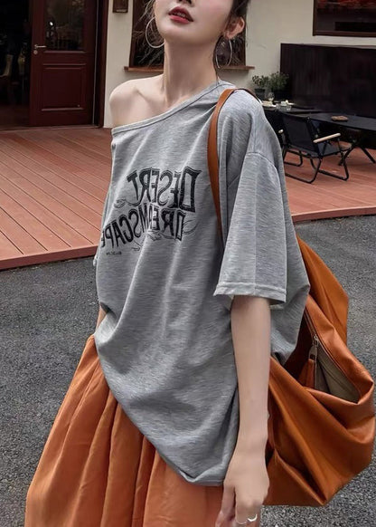 Grey Oversized Print Cotton Tank and Wide Leg Pant Two Pieces Set Fall