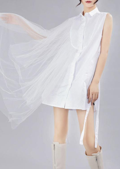 Style White Patchwork Lace Asymmetrical Design Cotton Shirt