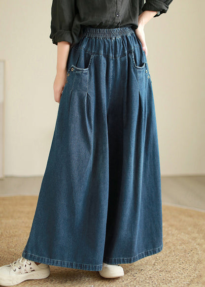 Loose Blue Pockets Elastic Waist Patchwork Denim Pants Fall