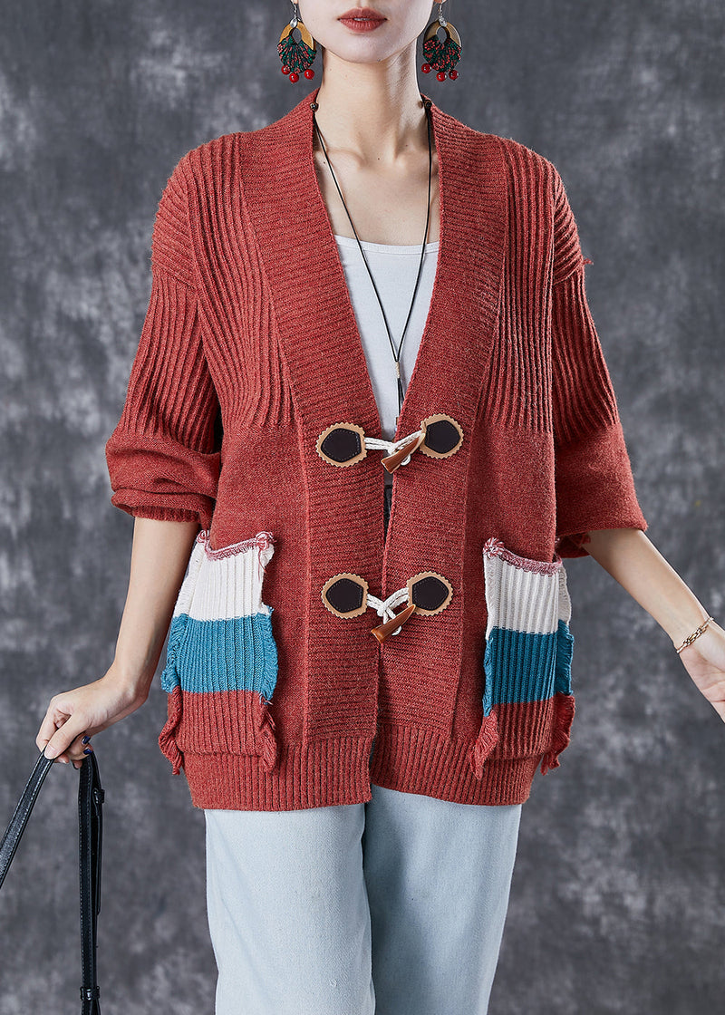 Red Oversized Patchwork Pockets Knit Cardigan Fall