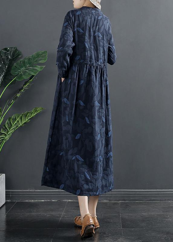 Diy Blue Print Dresses Stand Collar a Line Dress