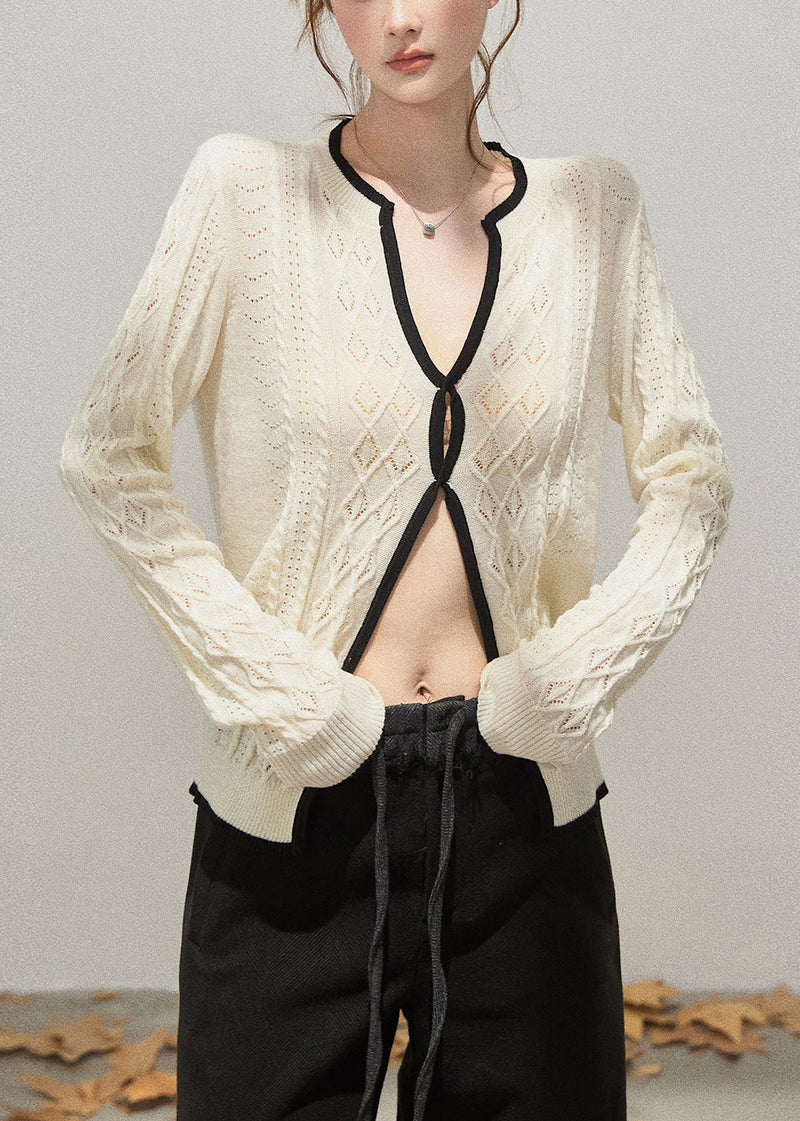 White Hollow Out Side Open Knit Tops Fall