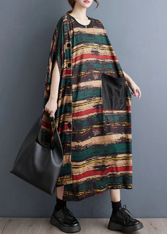 Asymmetrical Striped Pockets Long Dress Summer