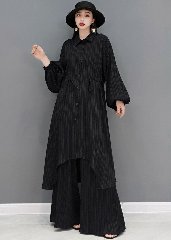 Style Black Drawstring Asymmetrical Cotton Long Shirt and Wide Leg Pants Two Pieces Set Spring