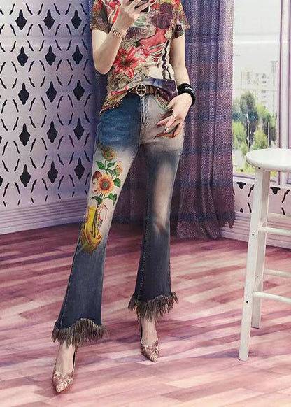 Blue Tasseled Pockets Print Denim Flare Bottoms Spring