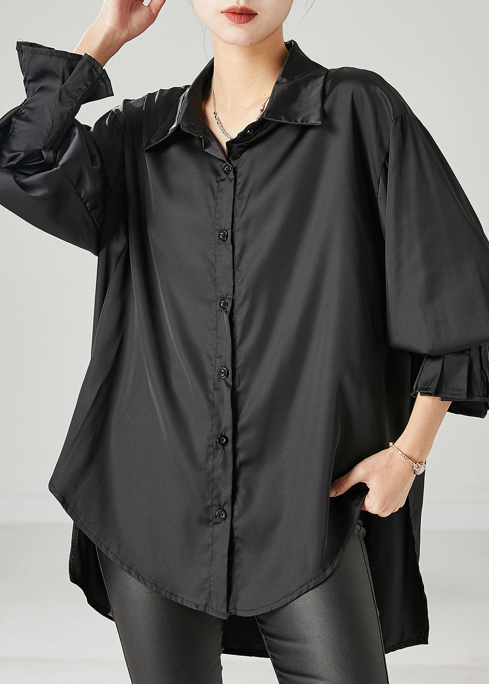 Black Oversized Draping Chiffon Blouses Spring