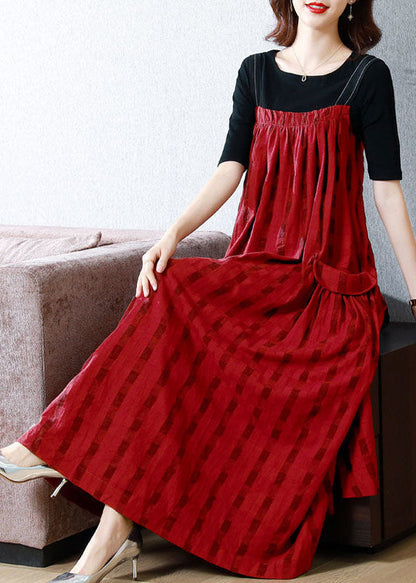 Red Striped Exra Large Hem Linen Strap Dress Two Pieces Set Summer