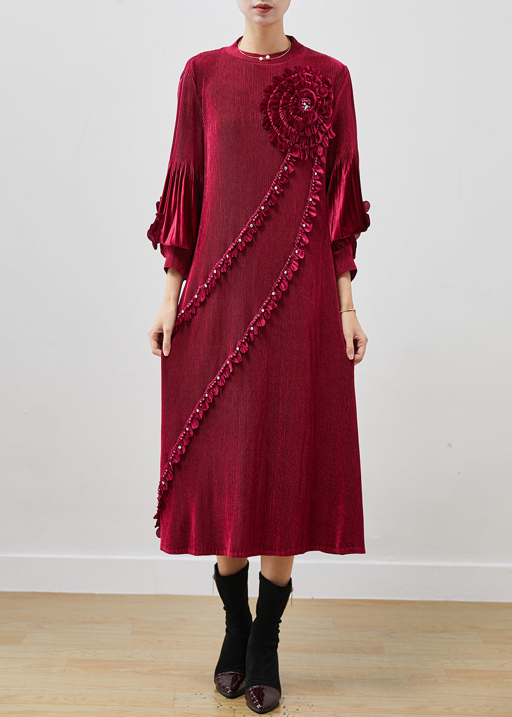 Diy Mulberry Nail Bead Silk Velour Maxi Dresses Lantern Sleeve
