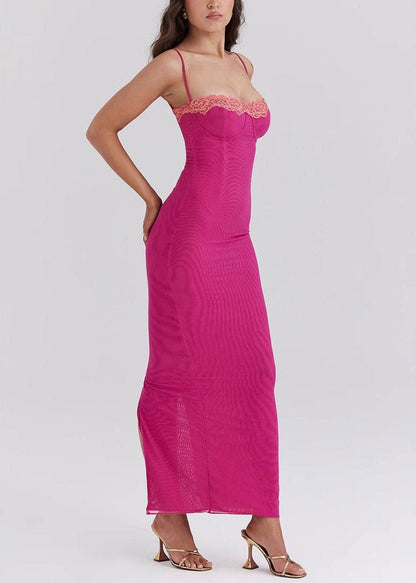 Italian Rose Side Open Tulle Maxi Spaghetti Strap Dresses Sleeveless