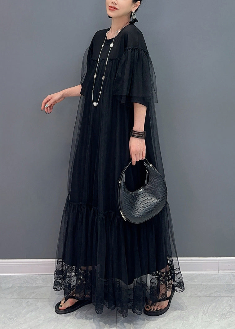 Black O Neck Wrinkled Patchwork Tulle Dress Summer