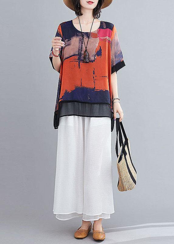 Orange Print Chiffon Half Sleeve Summer Two Piece Outfit
