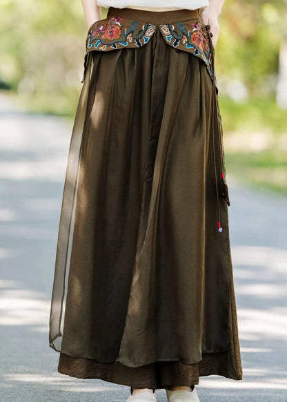 Khaki Pockets Embroidered Patchwork Silk Pants Fall