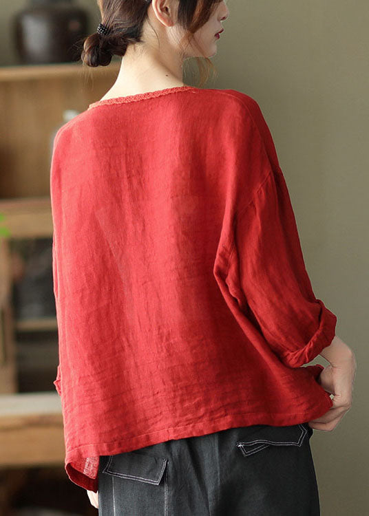 Red Retro Button Pockets Loose Fall Top