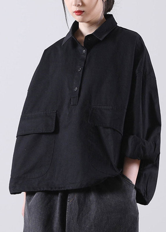 Style Black Peterpan Collar Pockets Button Fall Shirts Long Sleeve