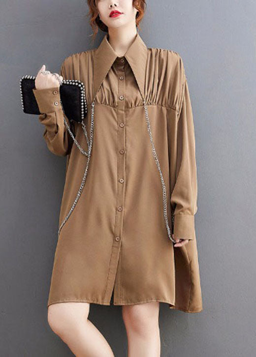 Khaki Wrinkled Button Holiday Shirt Dress Long Sleeve