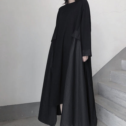 French Black Tunics O Neck Asymmetric a Line Spring Dress