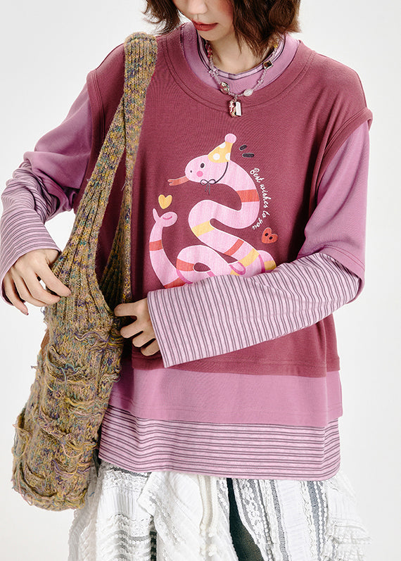 Pink Oversized Patchwork Print Cotton Fake Two Piece Sweatshirts Top Spring