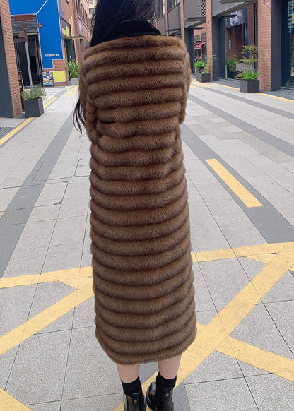 Style Coffee Peter Pan Collar Patchwork Leather and Fur Long Coats Winter