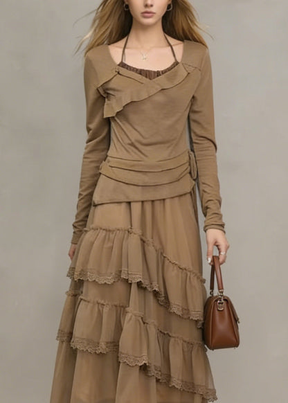 Unique Khaki Ruffled Lace Patchwork Tulle Dresses Spring