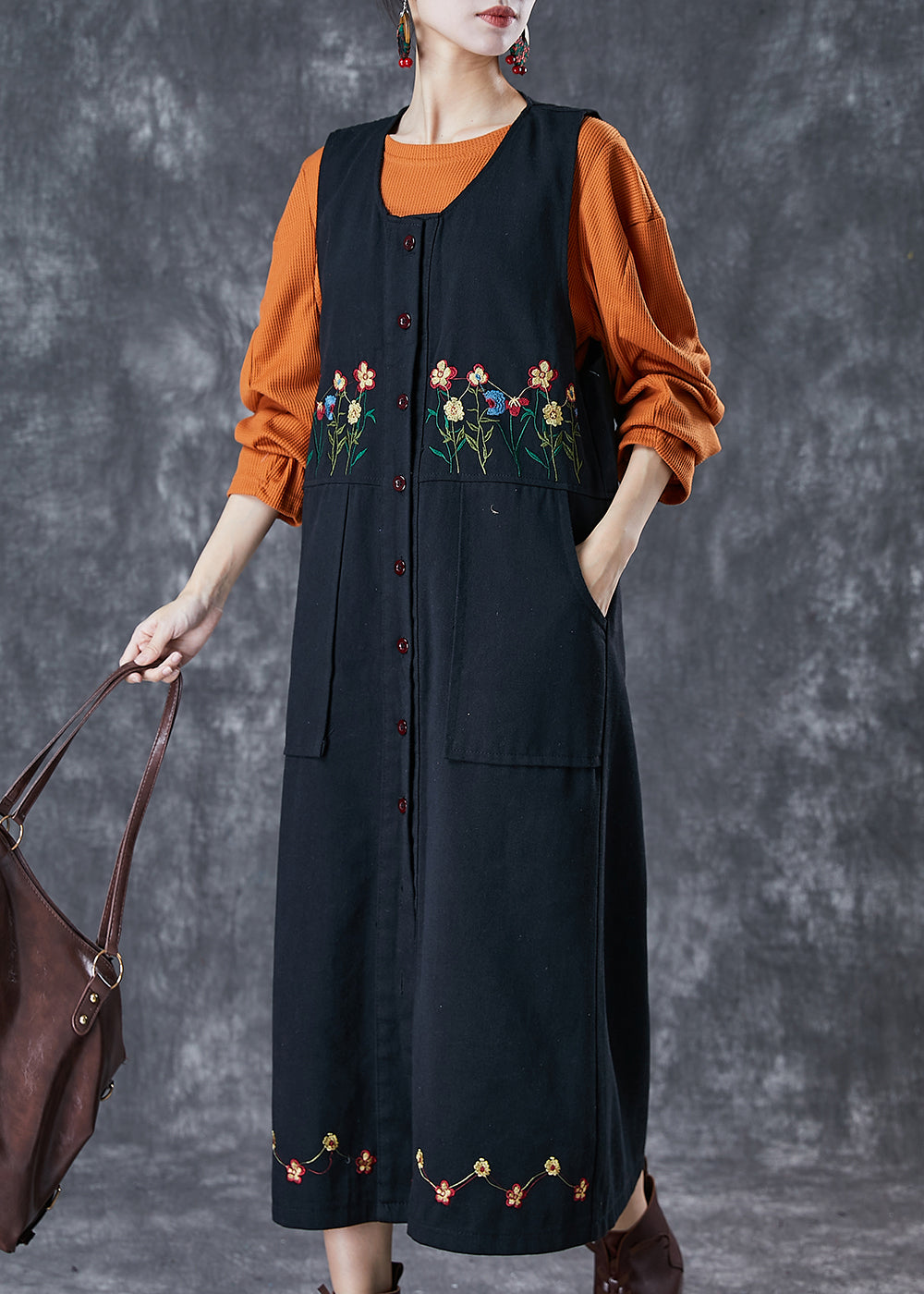 Black Embroideried Pockets Cotton Two Pieces Set Spring