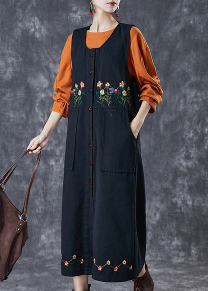 Black Embroideried Pockets Cotton Two Pieces Set Spring