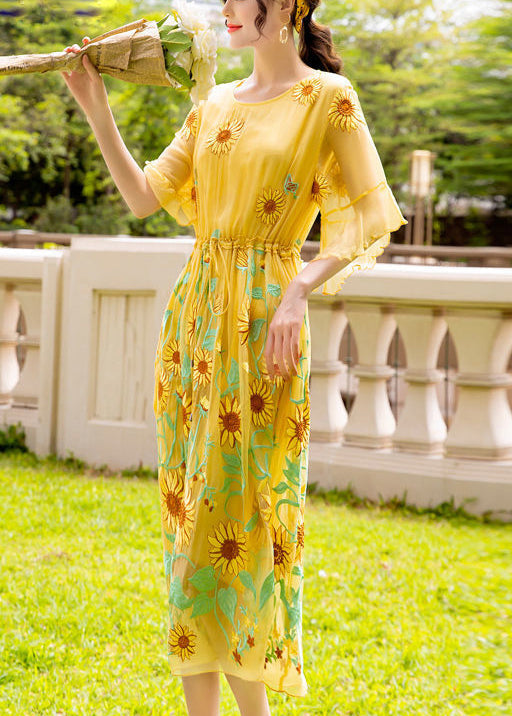 Yellow Daisy Printing Tie Waist Silk Vacation Dresses Flare Sleeve
