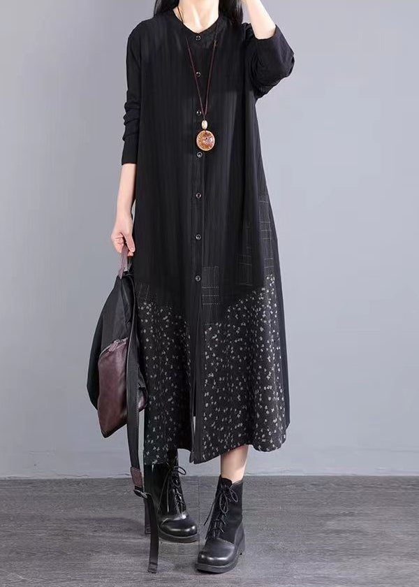Black Stand Collar Button Patchwork Cotton Dress Fall