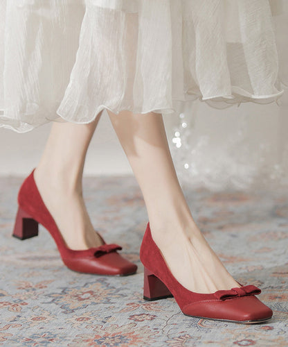 Wine Red Suede Bow Splicing Chunky Heel