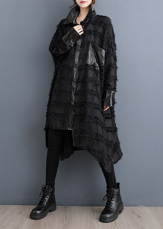 Black Asymmetrical Pockets Patchwork Button Trench Coats Fall