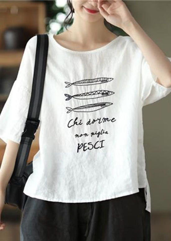 White O Neck Patchwork Linen T Shirt Summer