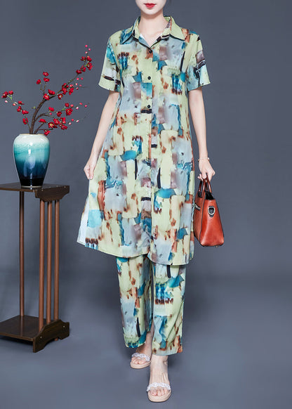 Loose Peter Pan Collar Print Silk Long Shirt and Straight Pants Two Piece Set Summer