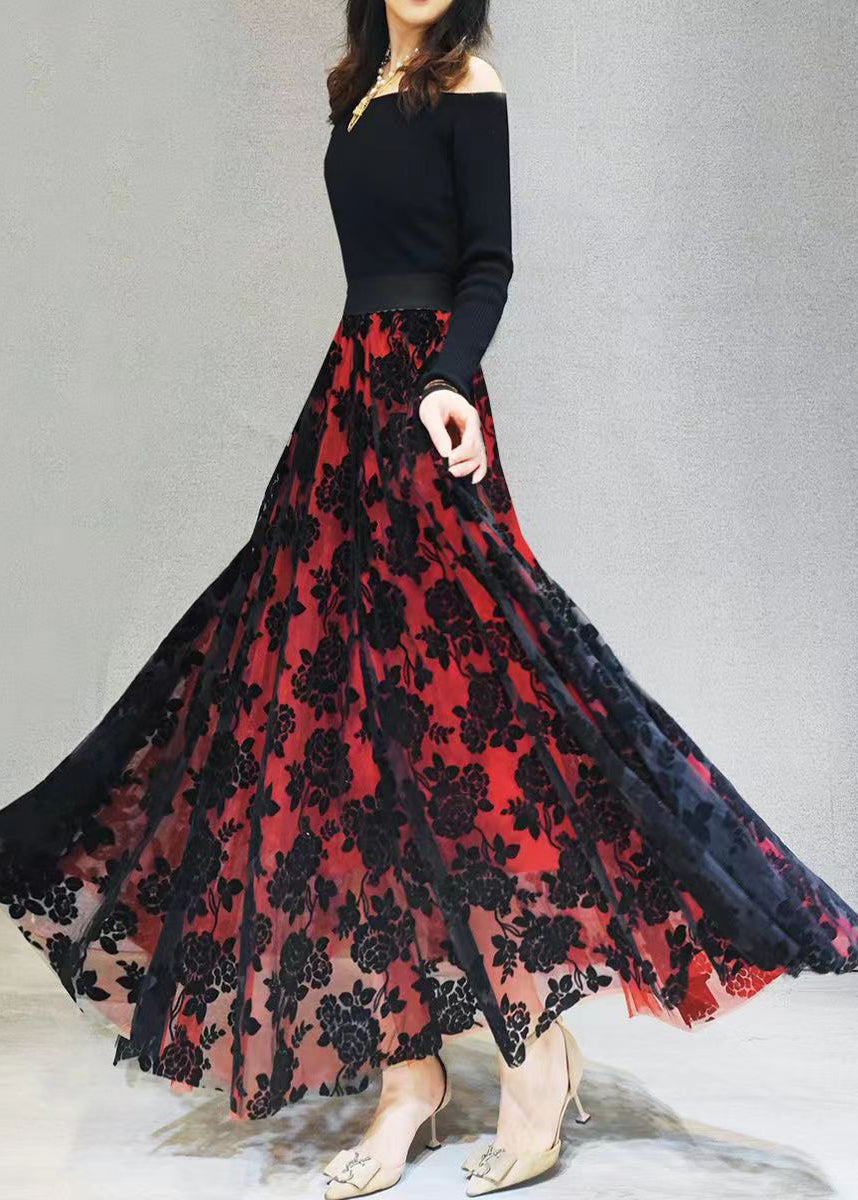 Loose Red Flocking Exra Large Hem Tulle Skirts Spring