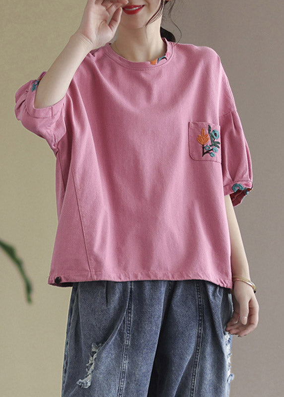 Vogue Pink O-neck Embroideried T Shirt Half Sleeve
