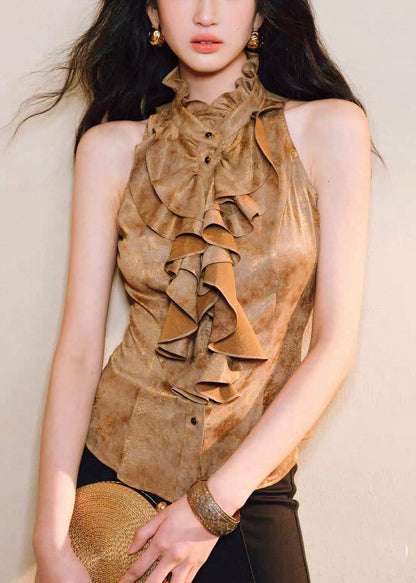Slim Fit Gold Ruffled Button Silk Shirts Sleeveless