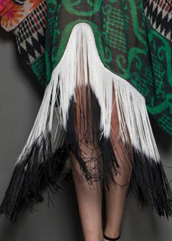 Novelty White V Neck Asymmetrical Print Tassel Patchwork Long Dress Long Sleeve