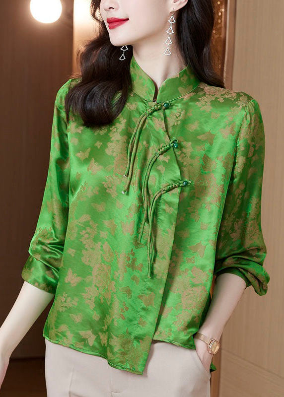 Green Tasseled Chinese Button Jacquard Patchwork Silk Shirt Spring
