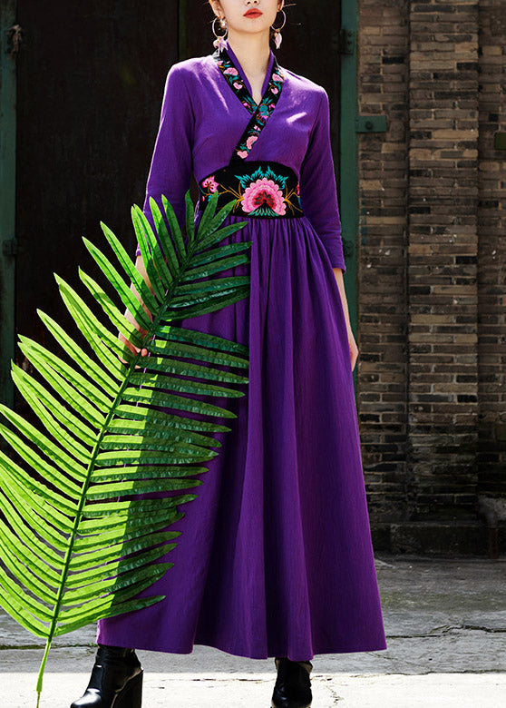 Purple V Neck Embroideried Zippered Wrinkled Maxi Dresses Fall