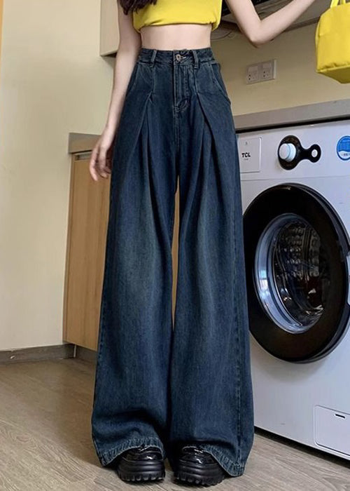 Denim Blue Button Pockets Denim Wide Leg Pants Summer