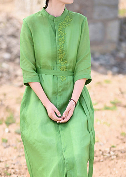 Fine Green Stand Collar Tie Waist Embroideried Linen Party Dress Half Sleeve