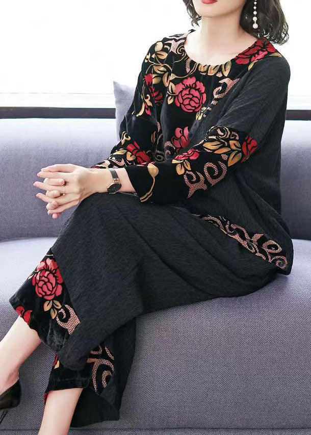 Black Embroideried Tops and Wide Leg Pants Cotton Two Piece Set Fall