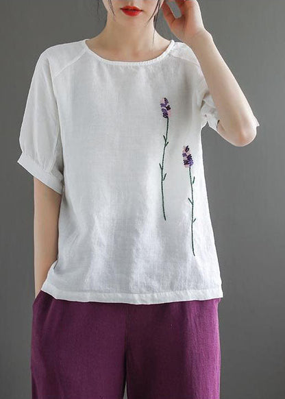 Organic White O-neck Embroideried Linen Tank Tops Short Sleeve