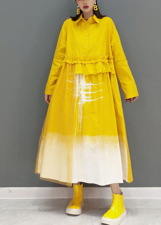 Yellow Print Long Dress Button Cinched Spring