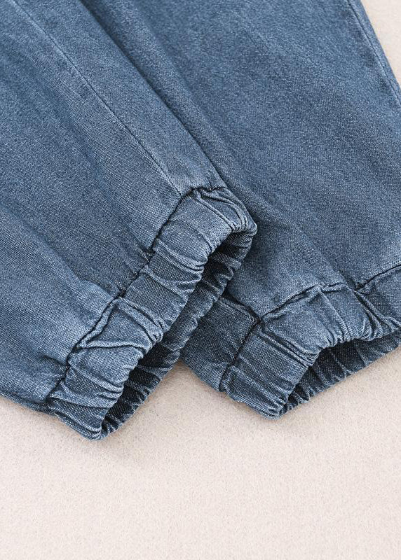 Denim Blue Embroideried Hooded Top and Pants Two Pieces Set Spring
